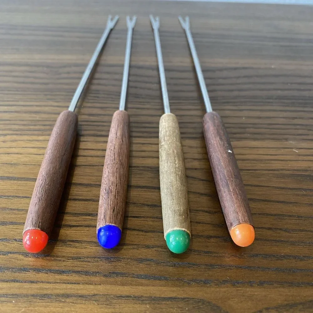 Vtg Fondue Forks Stainless Steel MCM Wood Handle Color Dot Set of‎ 4 Japan